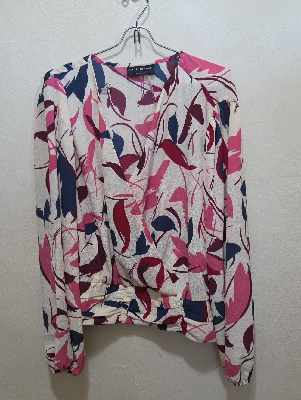 Lane Bryant Pink Cream Navy Floral Wrap-Style Blouse